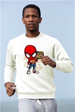 Spider Boombox Baskılı Beyaz Unisex Sweatshirt