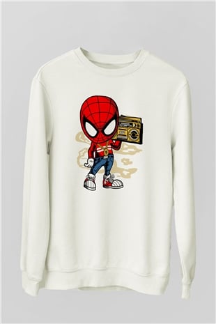 Spider Boombox Baskılı Beyaz Unisex Sweatshirt