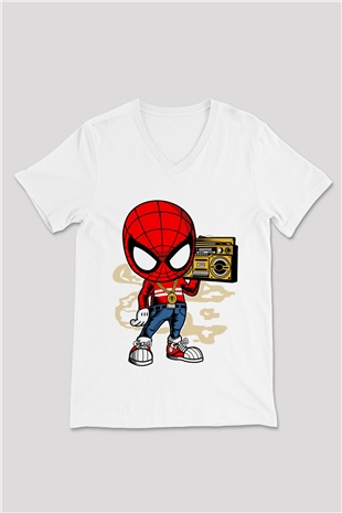 Spider Boombox Baskılı Beyaz Unisex V Yaka Tişört