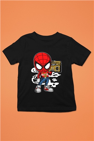Spider Boombox Baskılı Siyah Çocuk Unisex Tshirt