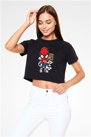Spider Boombox Baskılı Siyah Kadın Crop Top Tişört