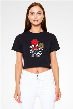 Spider Boombox Baskılı Siyah Kadın Crop Top Tişört