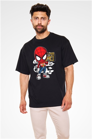 Spider Boombox Baskılı Siyah Unisex Oversize Tişört