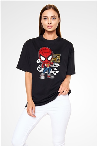 Spider Boombox Baskılı Siyah Unisex Oversize Tişört