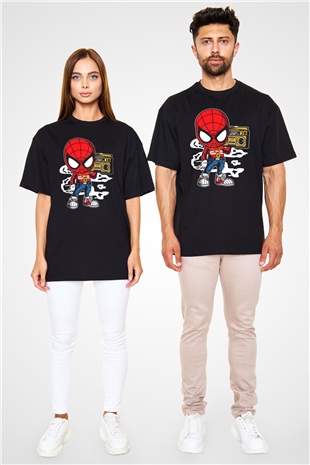 Spider Boombox Baskılı Siyah Unisex Oversize Tişört