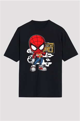 Spider Boombox Baskılı Siyah Unisex Oversize Tişört