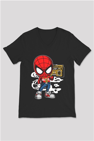 Spider Boombox Baskılı Siyah Unisex V Yaka Tişört