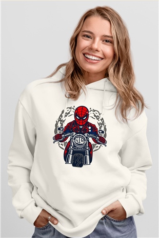 Spider Rider Baskılı Beyaz Unisex Hoodie