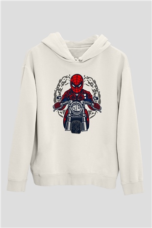 Spider Rider Baskılı Beyaz Unisex Hoodie