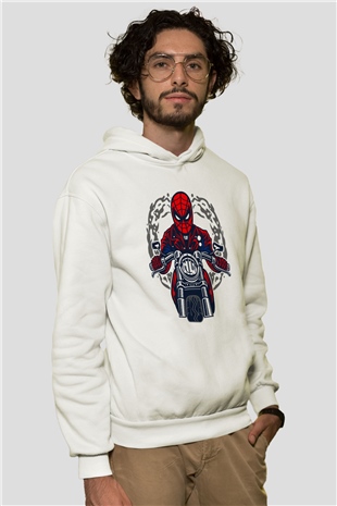 Spider Rider Baskılı Beyaz Unisex Hoodie