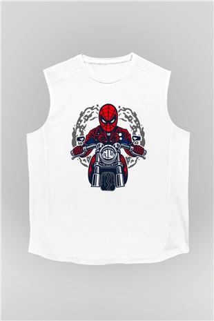 Spider Rider Baskılı Beyaz Unisex Kolsuz Tişört
