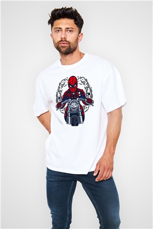 Spider Rider Baskılı Beyaz Unisex Oversize Tişört