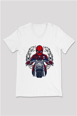 Spider Rider Baskılı Beyaz Unisex V Yaka Tişört