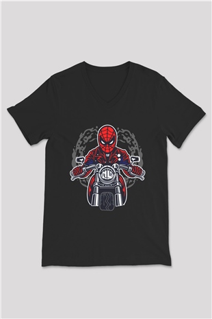 Spider Rider Baskılı Siyah Unisex V Yaka Tişört