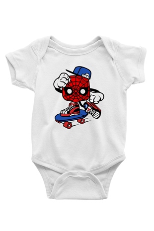 Spider Skater Baskılı Beyaz Unisex Bebek Body - Zıbın