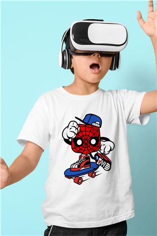 Spider Skater Baskılı Beyaz Unisex Çocuk Tshirt