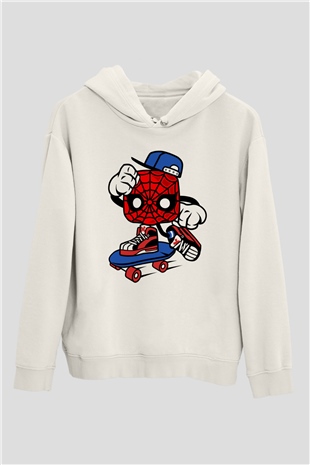 Spider Skater Baskılı Beyaz Unisex Hoodie
