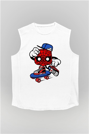 Spider Skater Baskılı Beyaz Unisex Kolsuz Tişört