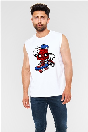 Spider Skater Baskılı Beyaz Unisex Kolsuz Tişört