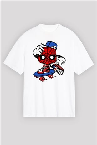 Spider Skater Baskılı Beyaz Unisex Oversize Tişört