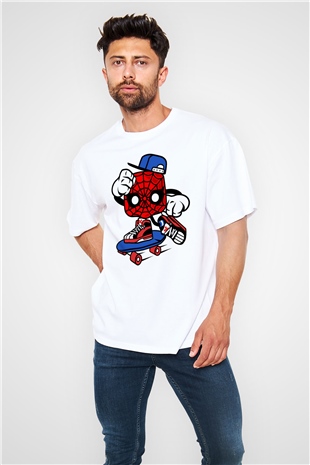 Spider Skater Baskılı Beyaz Unisex Oversize Tişört