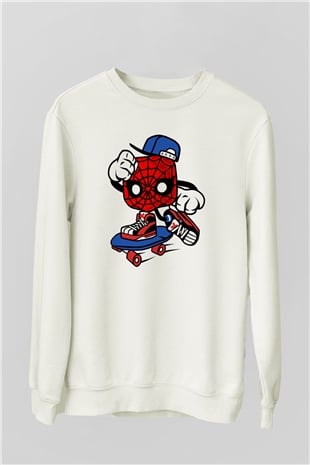Spider Skater Baskılı Beyaz Unisex Sweatshirt