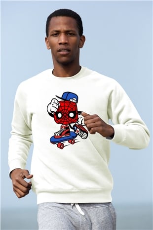 Spider Skater Baskılı Beyaz Unisex Sweatshirt