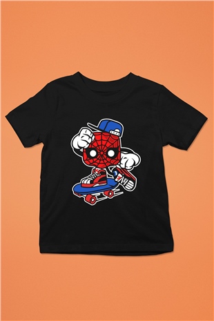 Spider Skater Baskılı Siyah Çocuk Unisex Tshirt