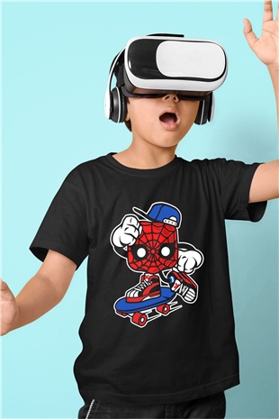 Spider Skater Baskılı Siyah Çocuk Unisex Tshirt