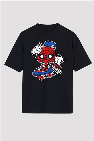 Spider Skater Baskılı Siyah Unisex Oversize Tişört