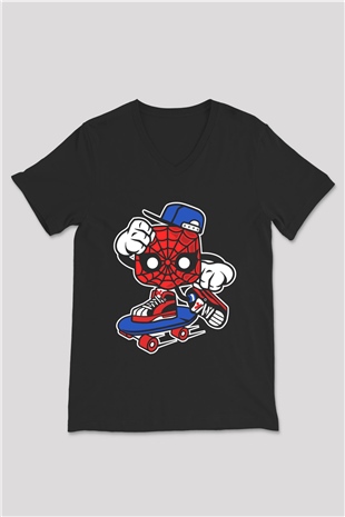 Spider Skater Baskılı Siyah Unisex V Yaka Tişört