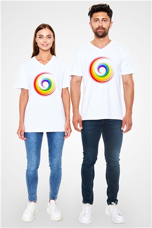Spiral Beyaz Unisex V Yaka Tişört