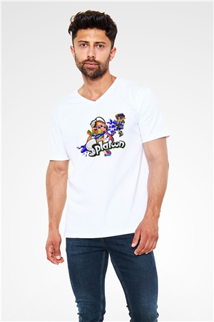 Splatoon Beyaz Unisex V Yaka Tişört
