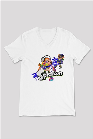 Splatoon Beyaz Unisex V Yaka Tişört