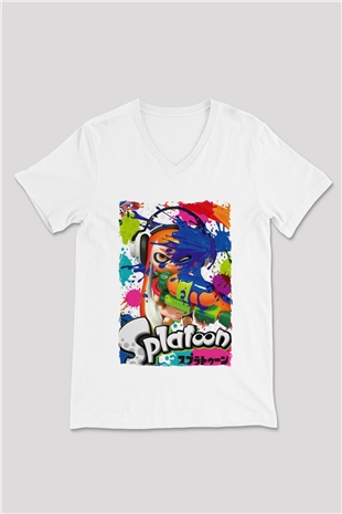 Splatoon Beyaz Unisex V Yaka Tişört