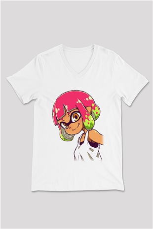 Splatoon Beyaz Unisex V Yaka Tişört T-Shirt