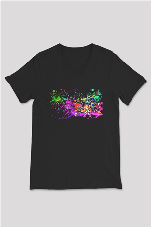 Splatoon Siyah Unisex V Yaka Tişört T-Shirt