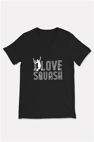 Squash Baskılı Unisex Siyah V Yaka Tişört