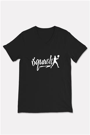 Squash Baskılı Unisex Siyah V Yaka Tişört