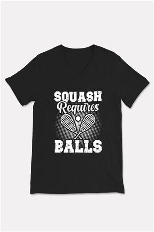 Squash Baskılı Unisex Siyah V Yaka Tişört