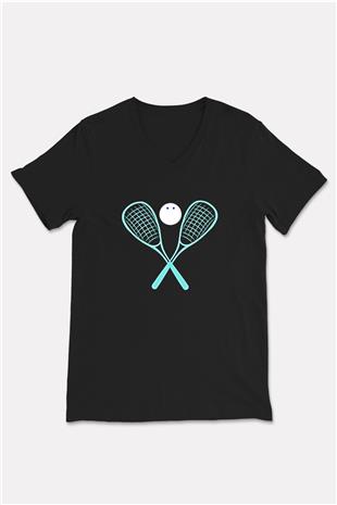 Squash Baskılı Unisex Siyah V Yaka Tişört