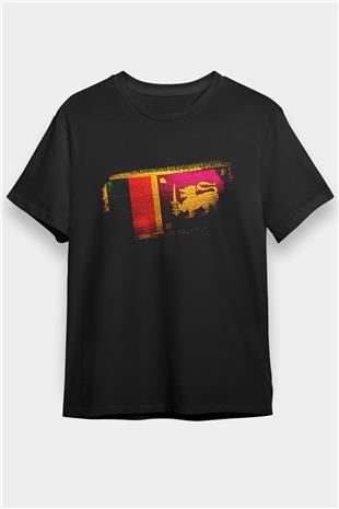 Sri Lanka Bayrağı Baskılı Unisex Siyah Tişört