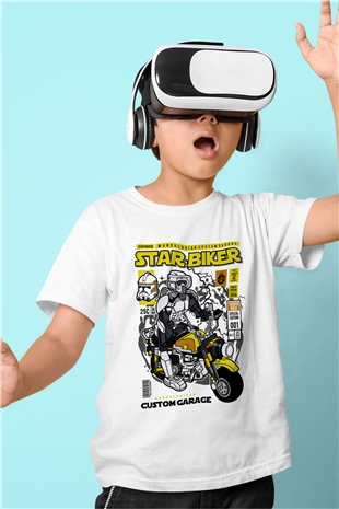 Star Biker Baskılı Unisex Beyaz Çocuk Tişört