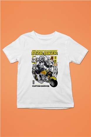 Star Biker Baskılı Unisex Beyaz Çocuk Tişört