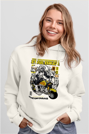 Star Biker Baskılı Unisex Beyaz Hoodie