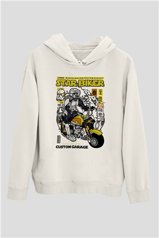 Star Biker Baskılı Unisex Beyaz Hoodie