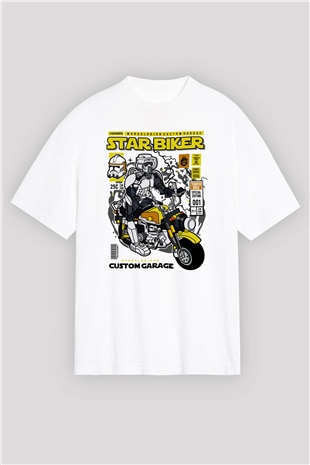 Star Biker Baskılı Unisex Beyaz Oversize Tişört