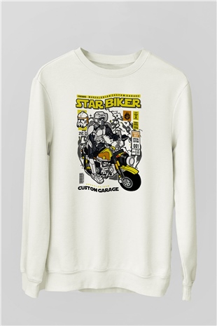 Star Biker Baskılı Unisex Beyaz Sweatshirt