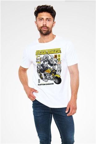 Star Biker Baskılı Unisex Beyaz Tişört