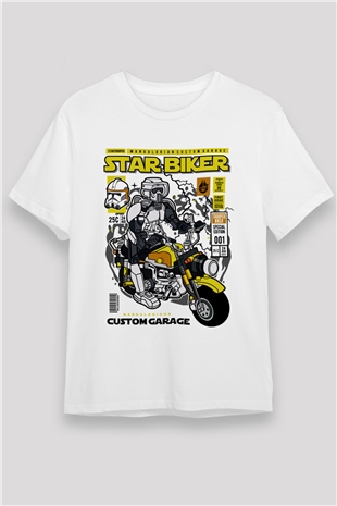 Star Biker Baskılı Unisex Beyaz Tişört